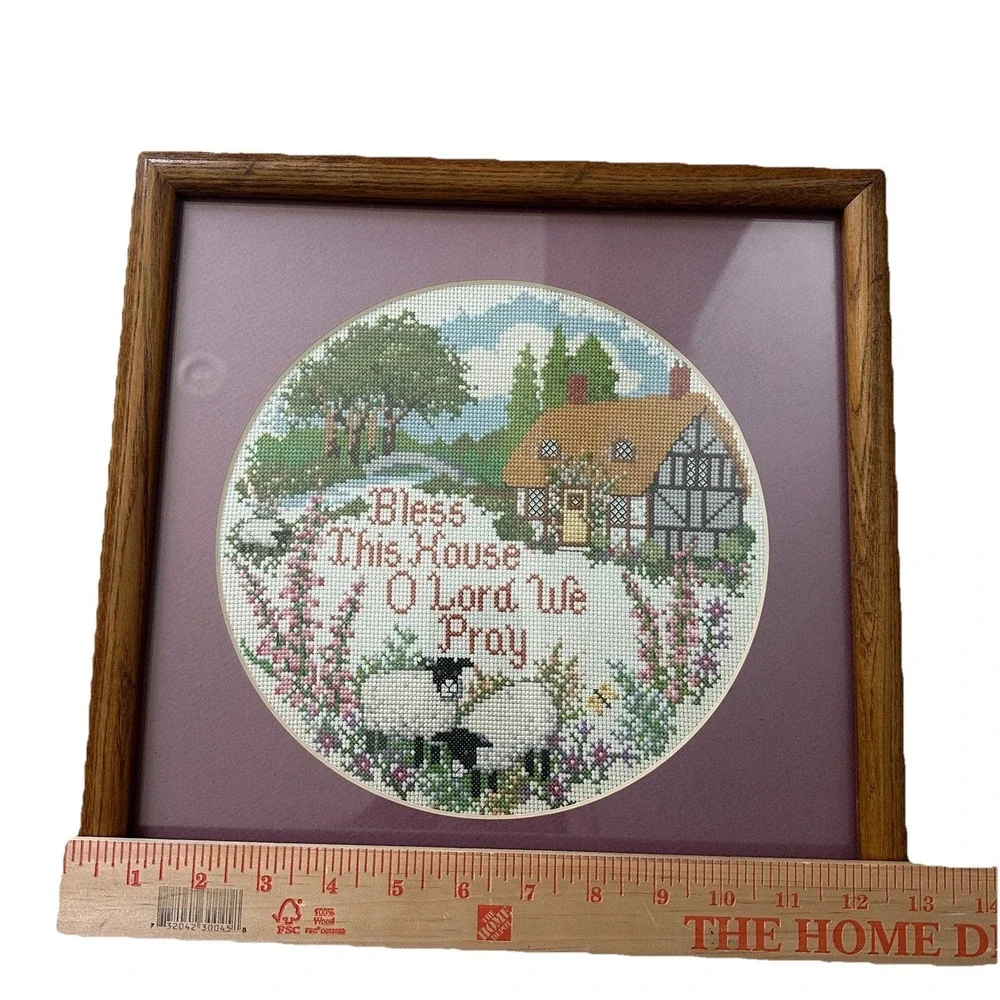 Vintage Bless This House‎ Cross Stitch Art Framed 13x13 Inch Christian Prayer